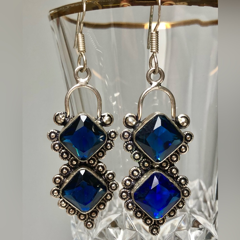 Lolite Silver 925 Intricate Dangling Earrings Healing Stones